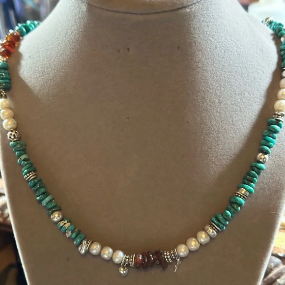 Turquoise and. freshwater pearl Baltic, Amber and Sterling silver bracelet